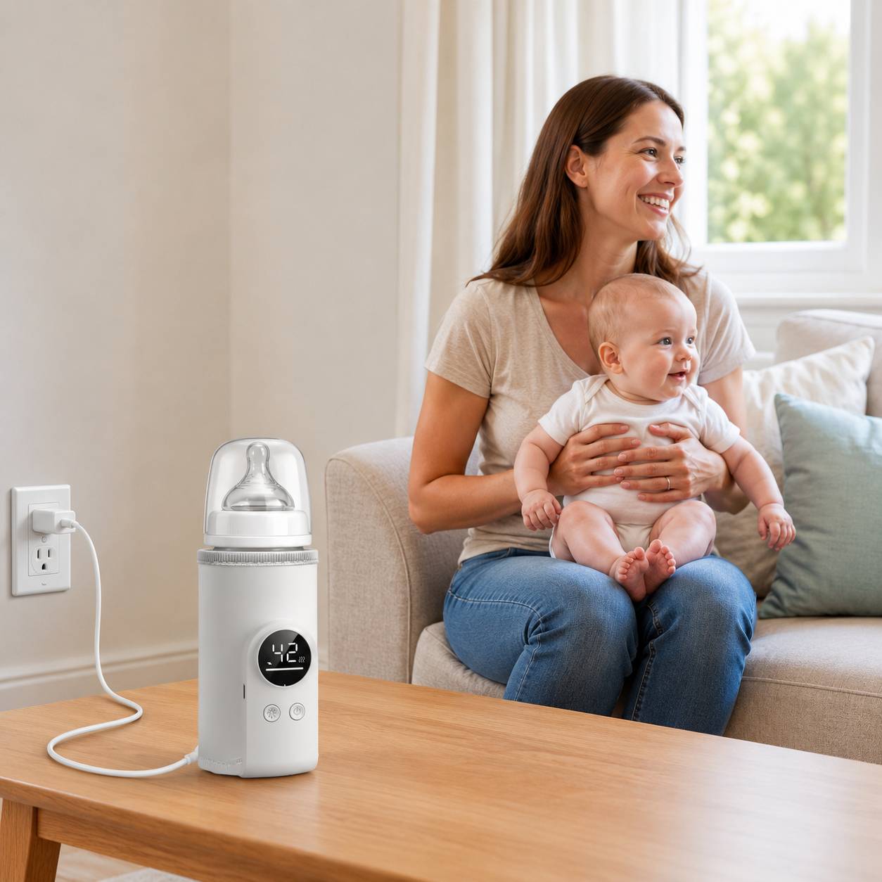chauffe biberon nomade rechargeable blanc pose sur table avec maman et bebe dans salon