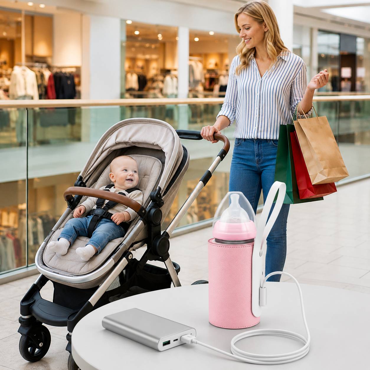 chauffe biberon nomade usb rose avec poussette bebe dans un centre commercial moderne