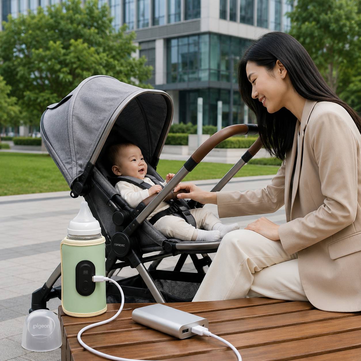 chauffe biberon nomade vert exterieur recharge usb power bank bebe