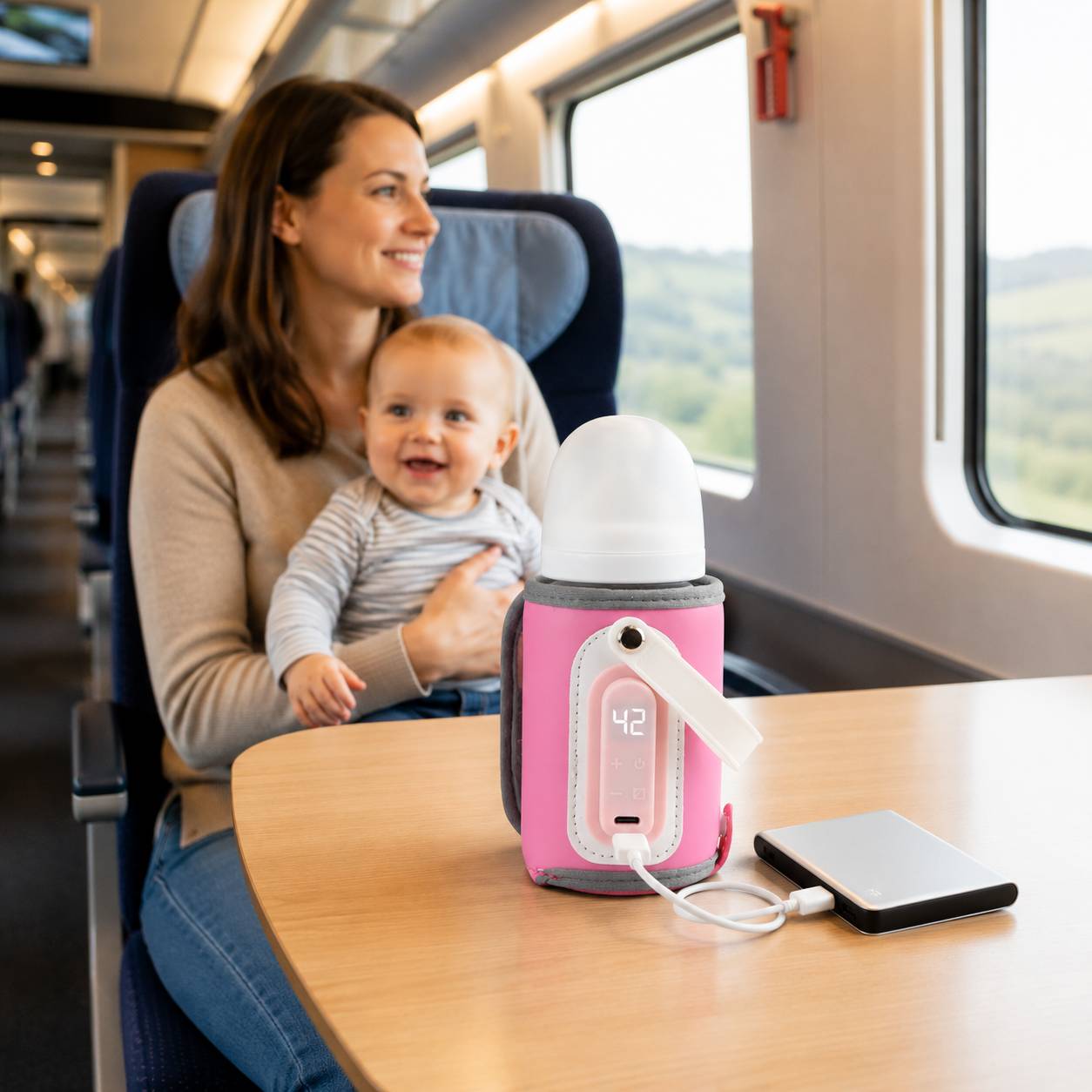 chauffe biberon portable usb rose rechargeable pendant un trajet en train avec bebe