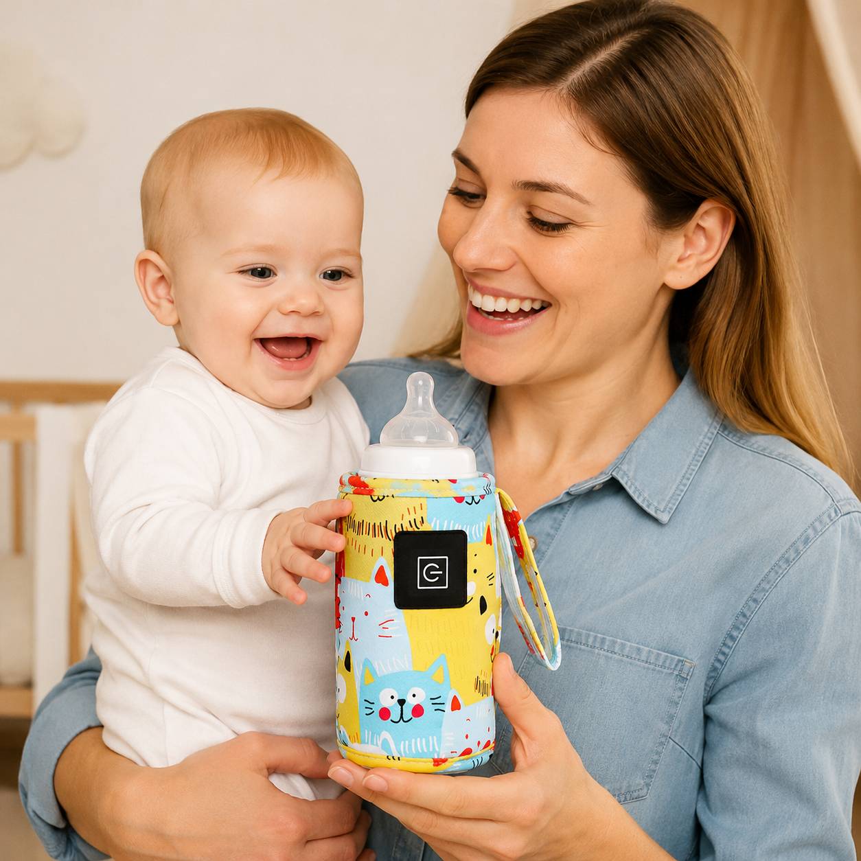 chauffe biberon portable jaune maman bebe sourire produit en situation