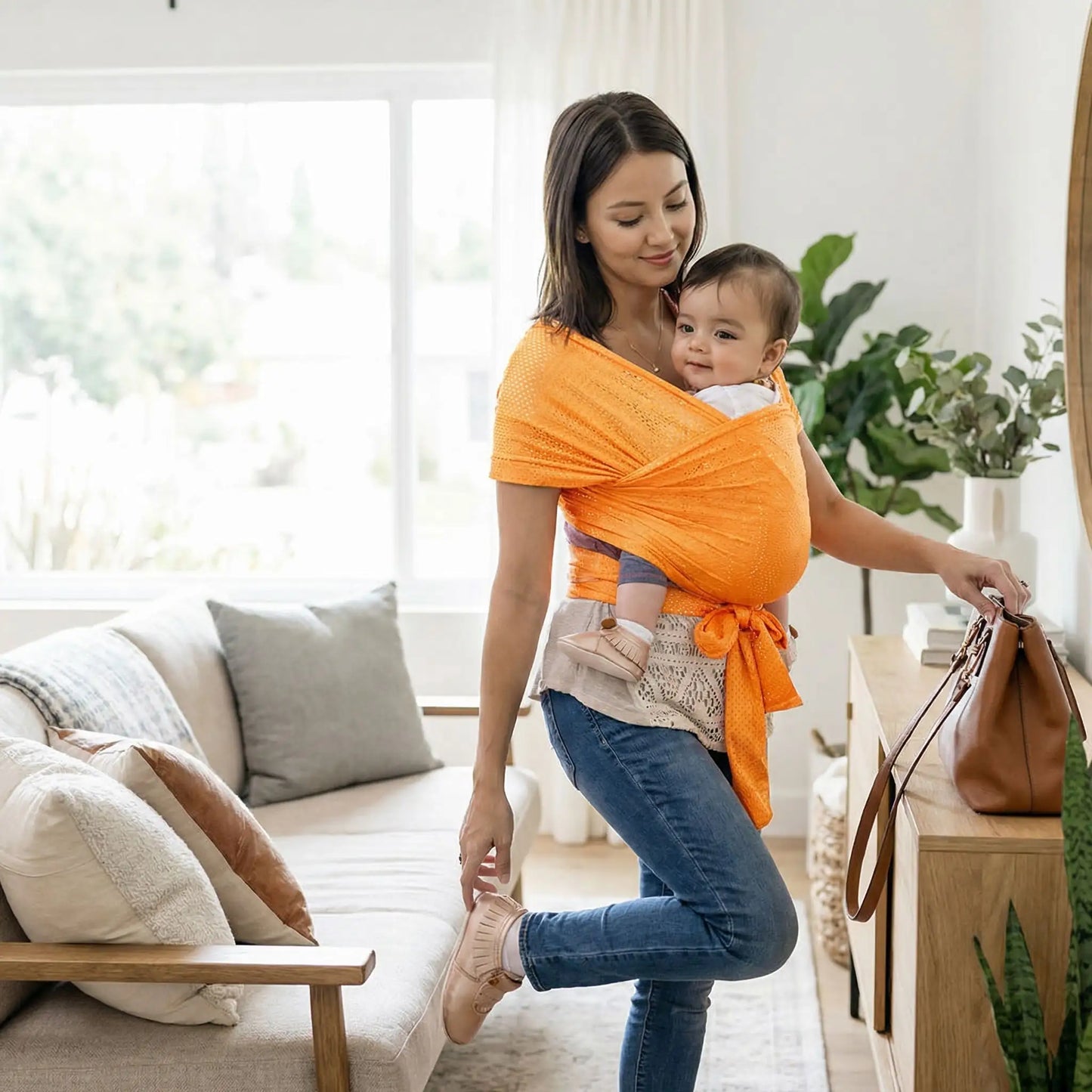 echarpe de portage bebe orange maman en mouvement bebe contre coeur
