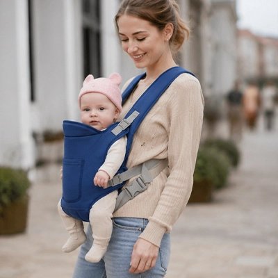 Maman utilisant un porte bebe ergonomique pour une promenade confortable avec son bebe