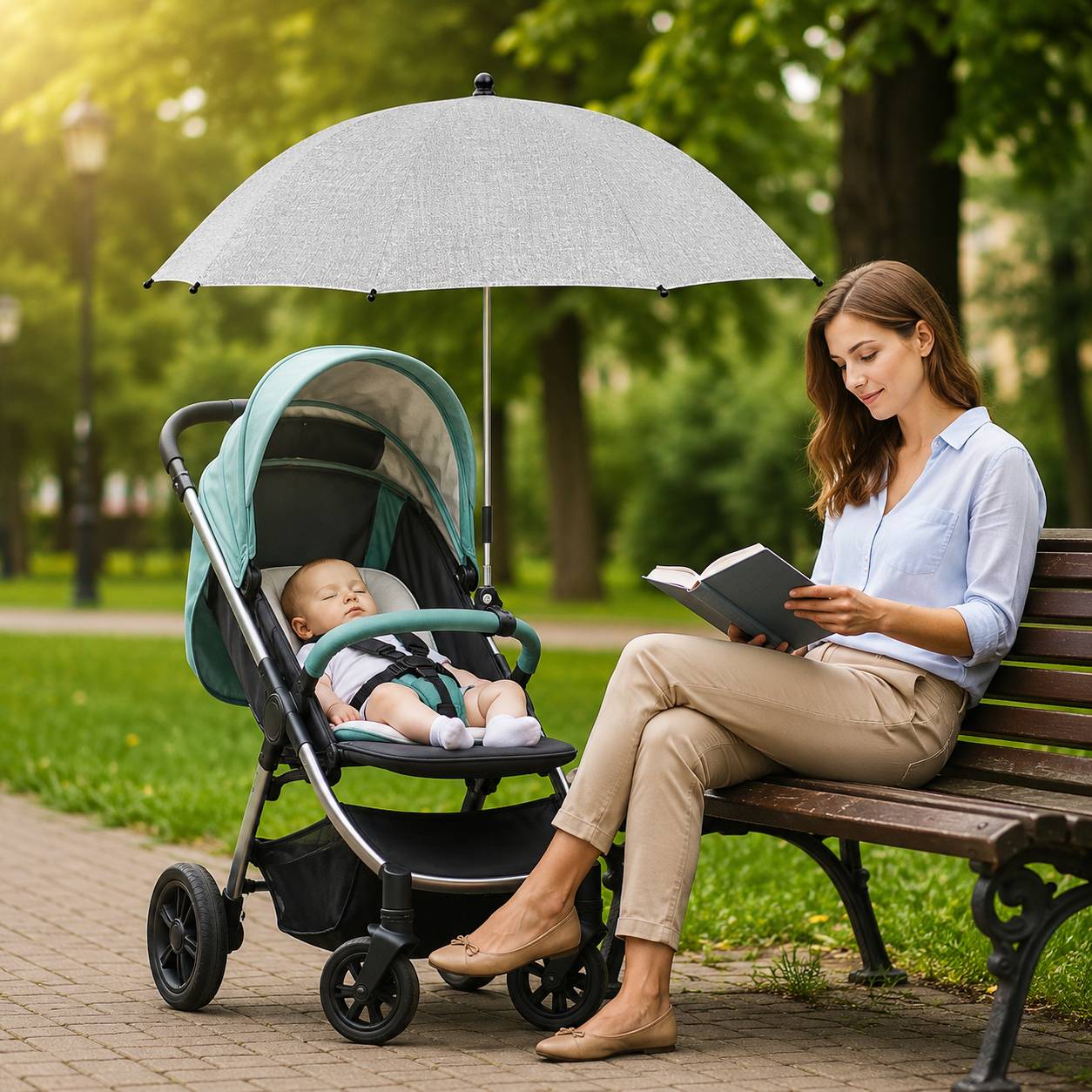 Ombrelle pour poussette grise offrant une protection UV efficace pour bébé à l'extérieur