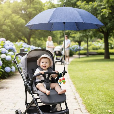 Ombrelle poussette imperméable installée sur une poussette lors d'une sortie au jardin