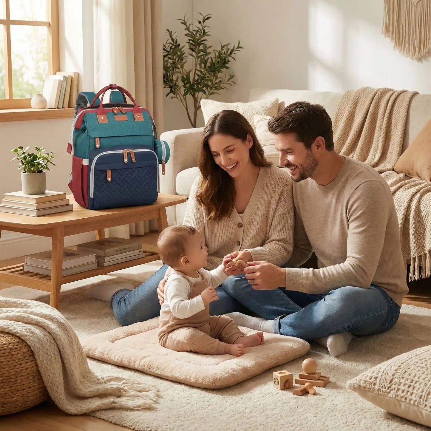 Un papa une maman et leur bebe sont au salon avec un sac a langer avec berceau integre pose sur la table