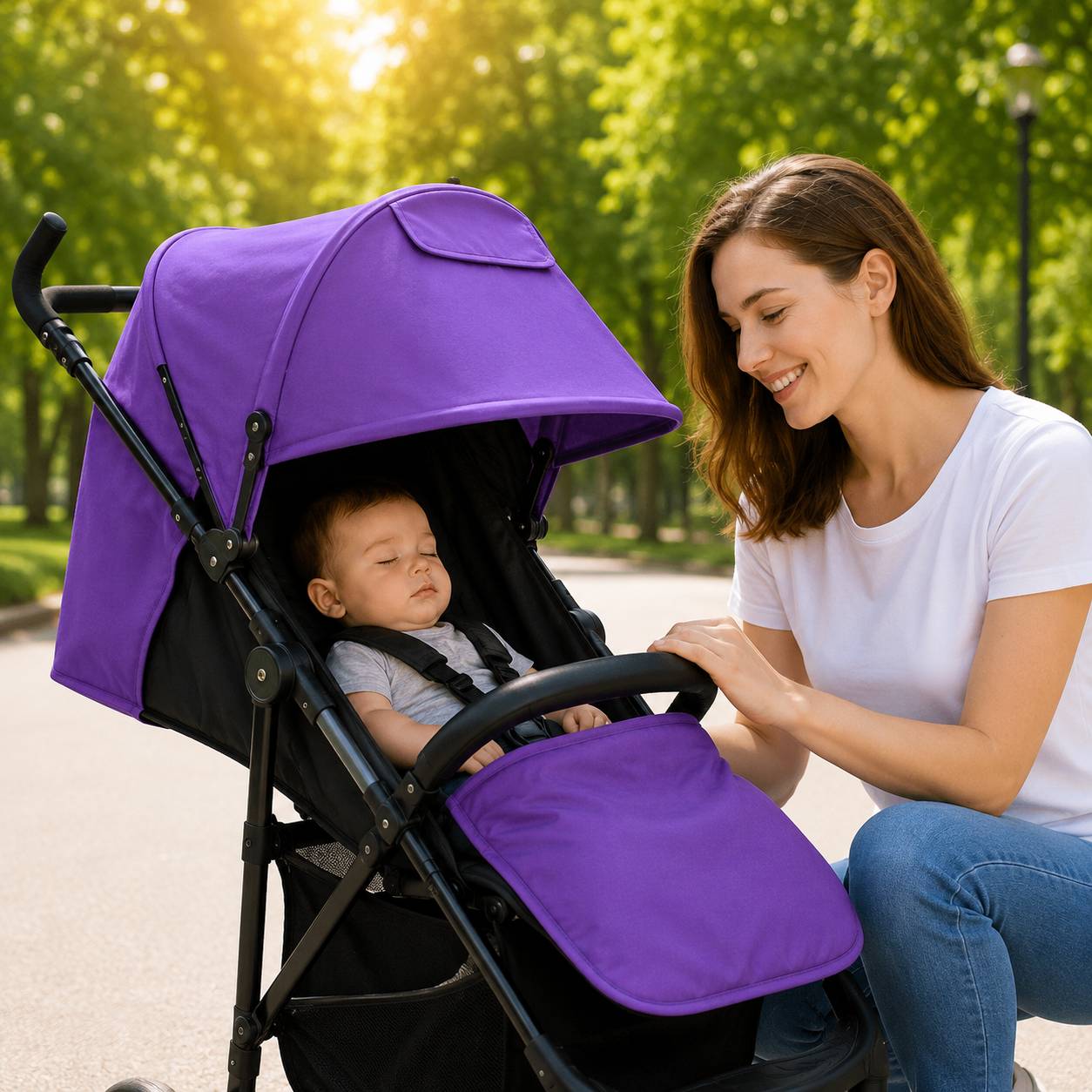 Pare soleil pour poussette violette assurant une protection solaire confortable pour bébé