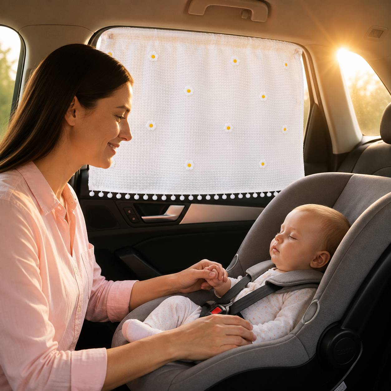 Pare soleil voiture bébé rideau motif marguerites apportant fraîcheur et protection à bébé en voiture