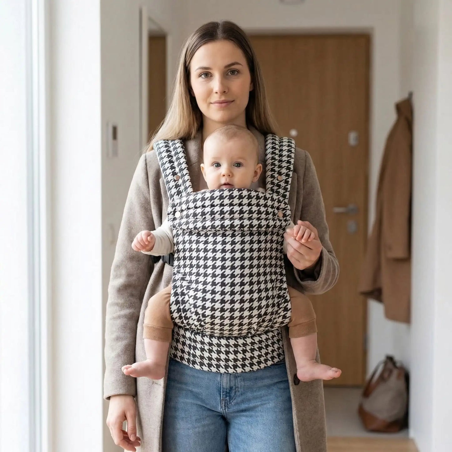maman avec porte bebe ergonomique noir a la maison avant de sortir avec son bebe