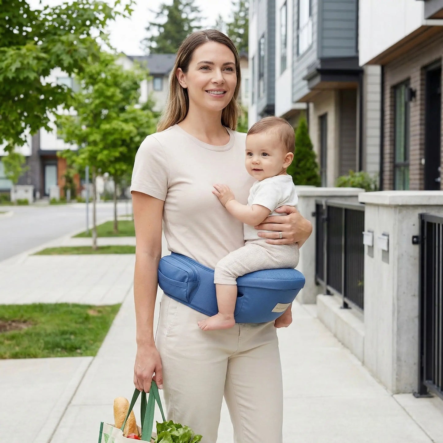porte bebe hanche bleu porte par une maman lors dune marche en ville