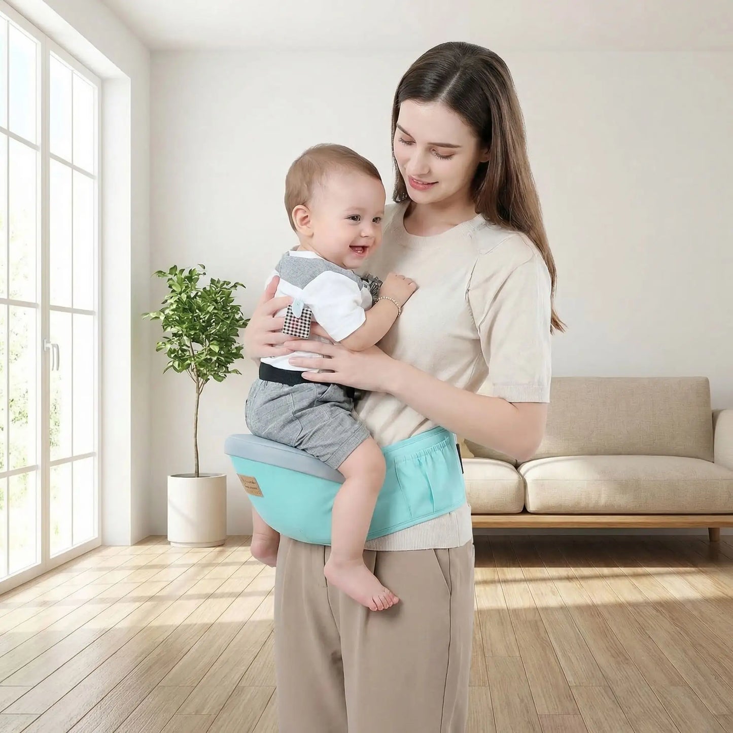 Maman portant son bebe avec un porte bebe hanche ergonomique vert a la maison, siĂšge confortable