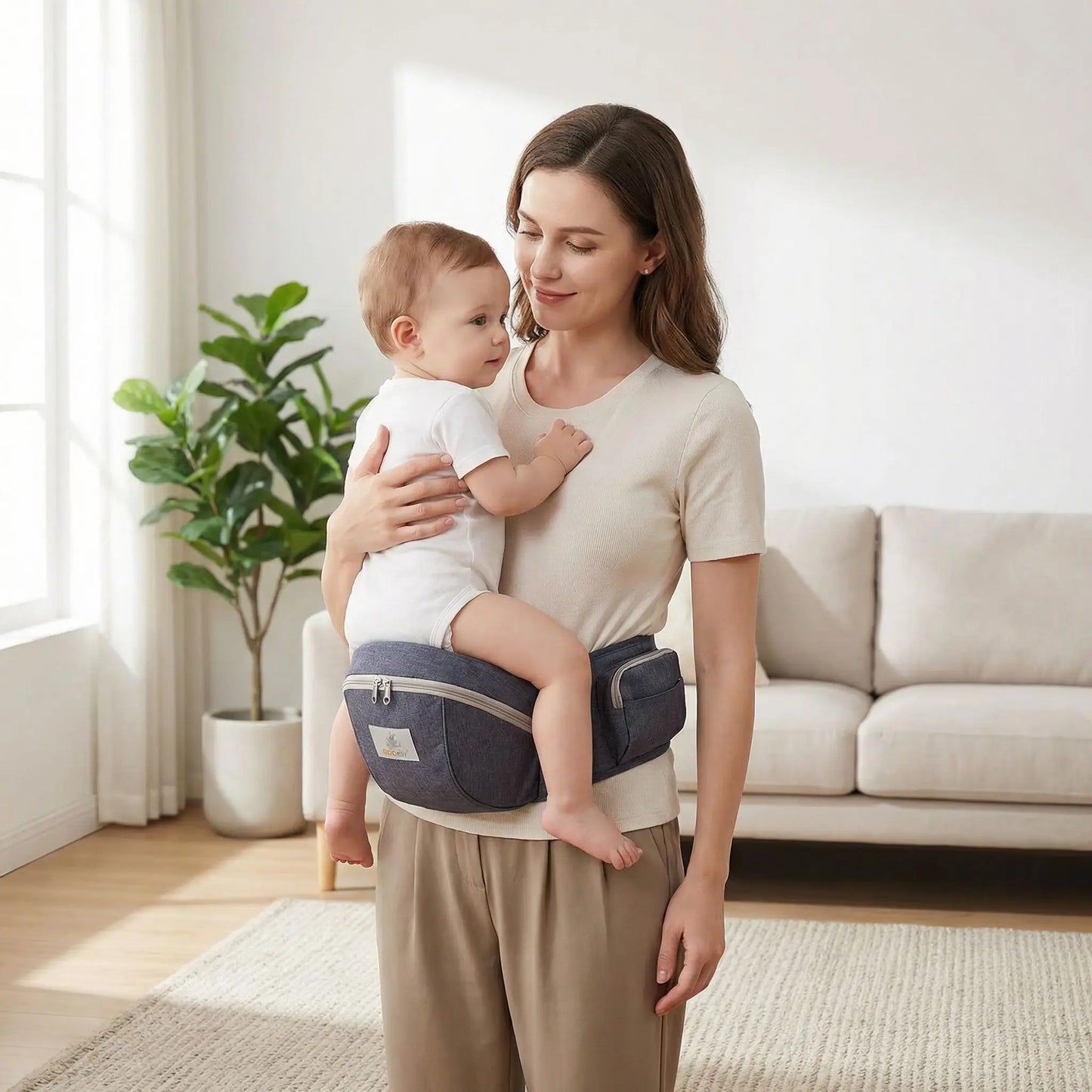 porte bebe hanche en salon mode portage ventral face parent ambiance familiale