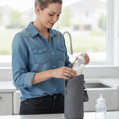 porte biberon isotherme gris utilise par une maman