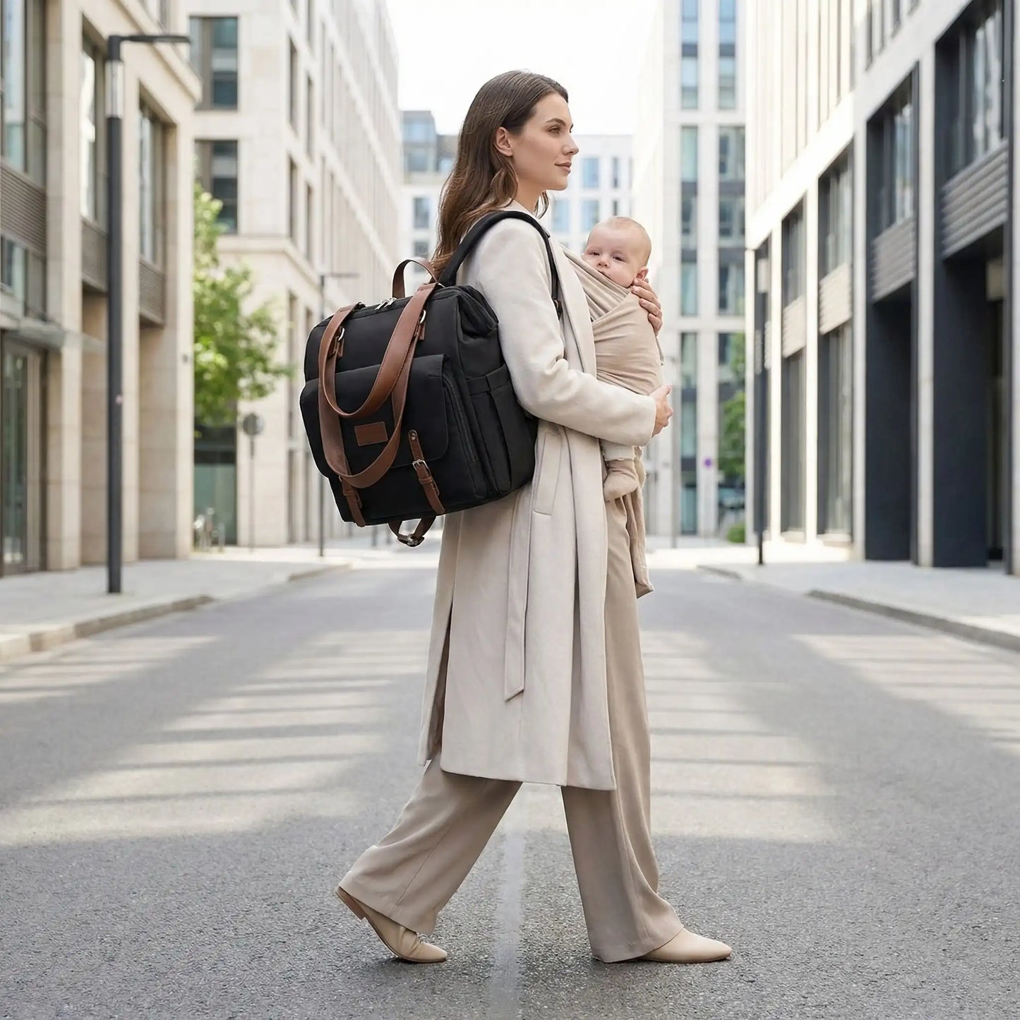 Maman marchant en ville avec sac a langer bebe porte en sac a dos