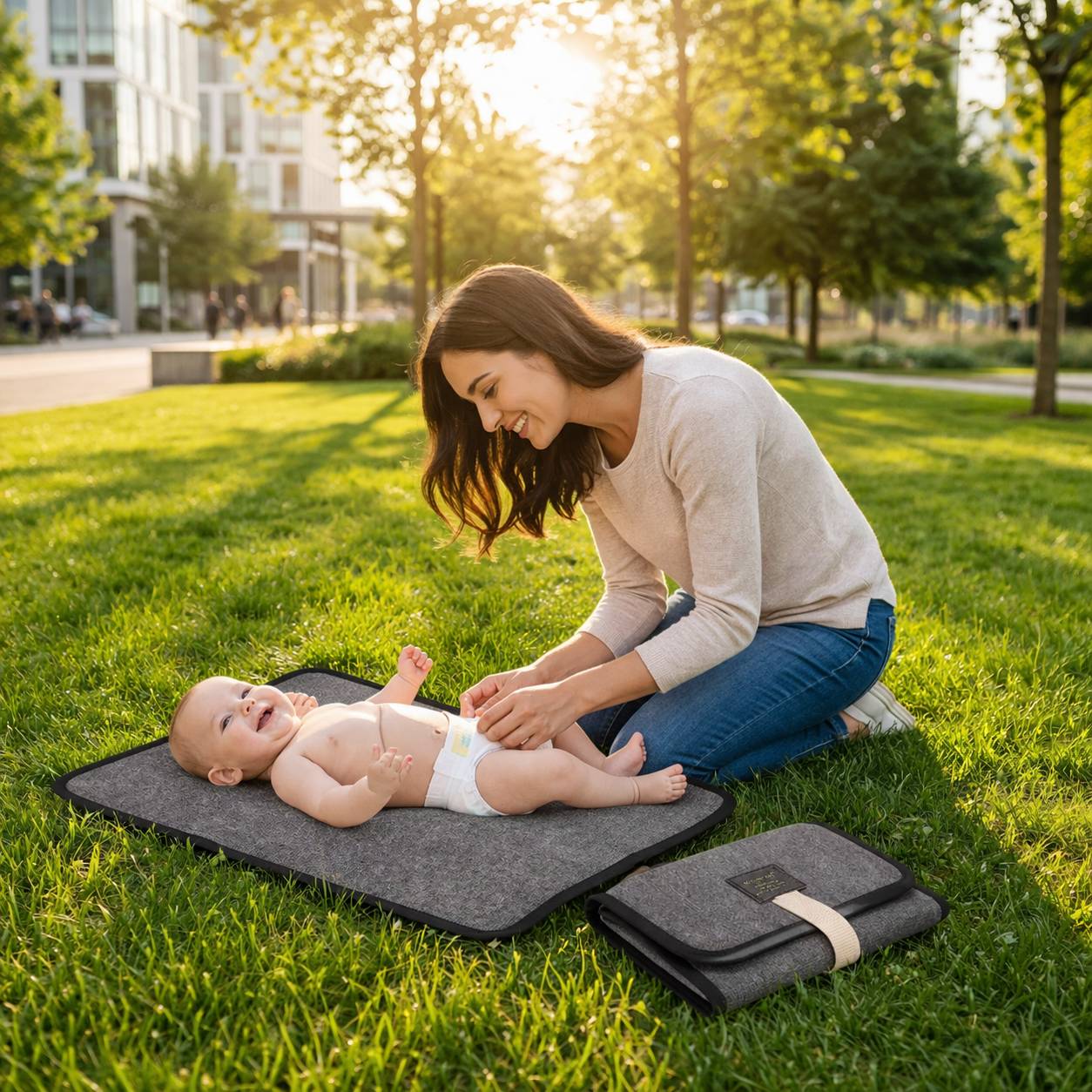 tapis a langer nomade gris fonce impermeable utilise pour changer bebe en plein air
