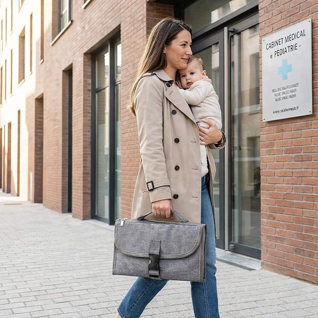 tapis a langer nomade gris pale pliable avec poignee transporte par une maman avec bebe