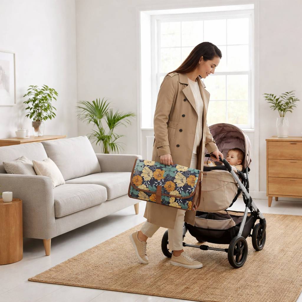 tapis a langer nomade avec motif floral multicolore porte a la main en sortie avec poussette