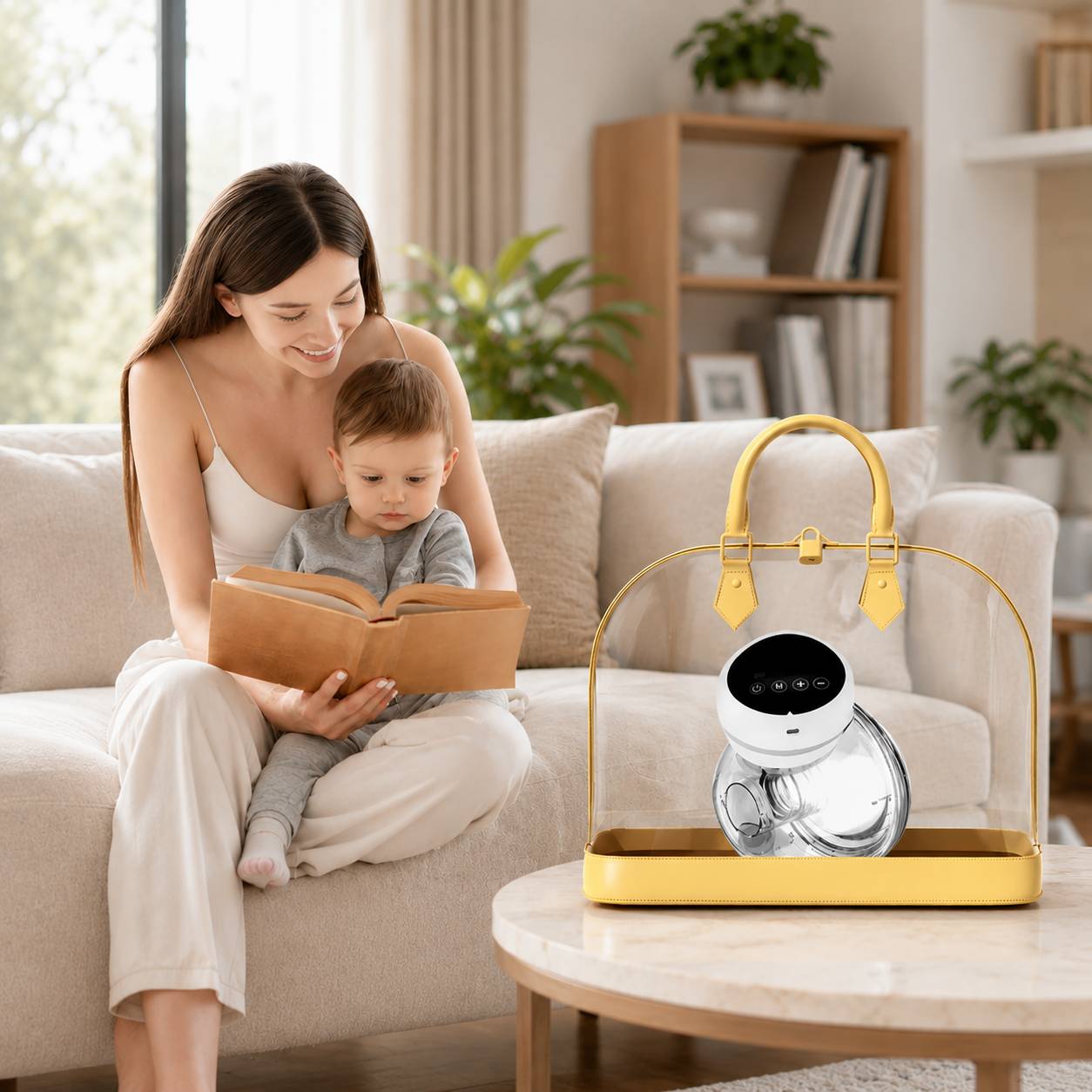 Tire lait electrique portable transporté dans un sac transparent dans un salon moderne
