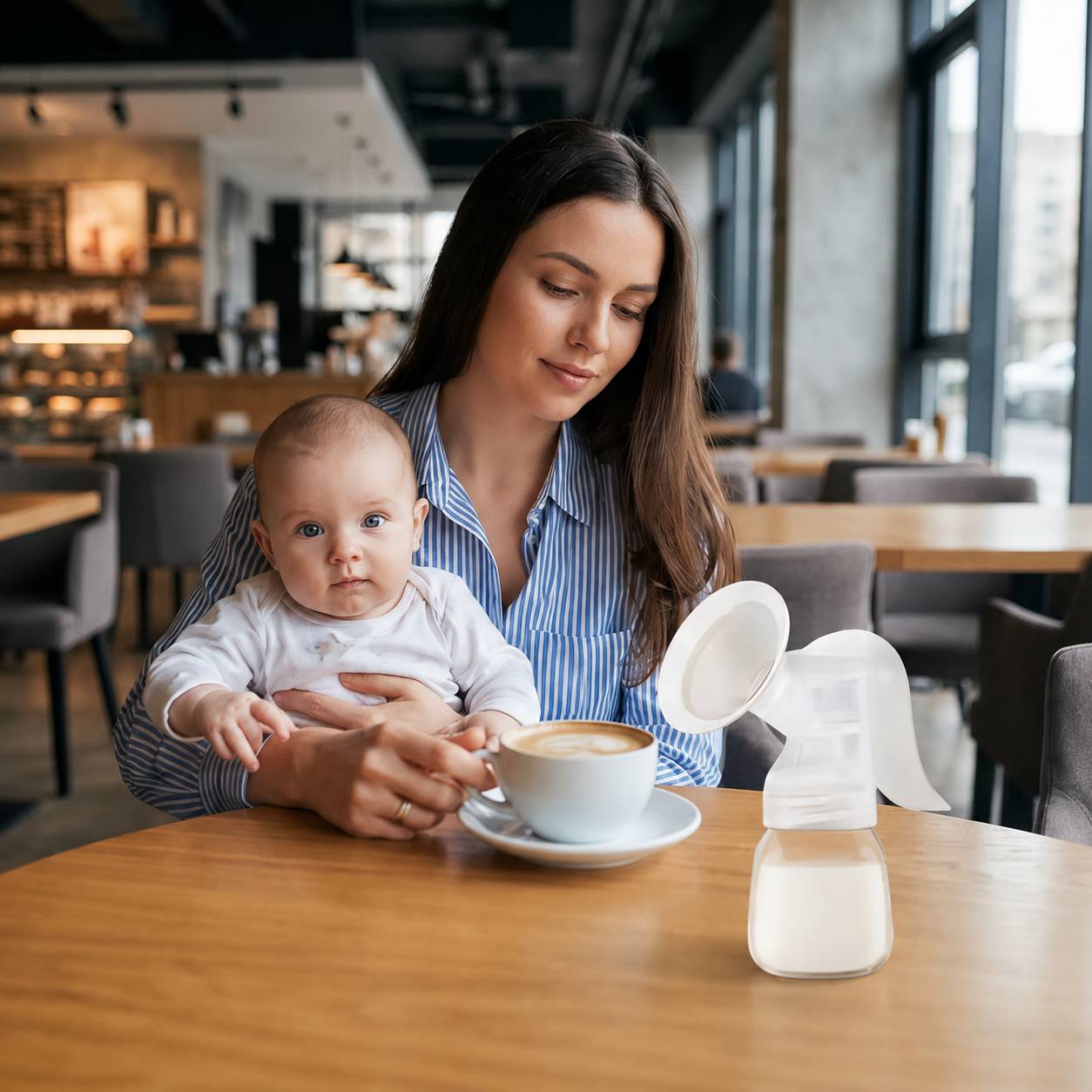 Maman utilisant un tire lait manuel portable dans un café avec son bébé