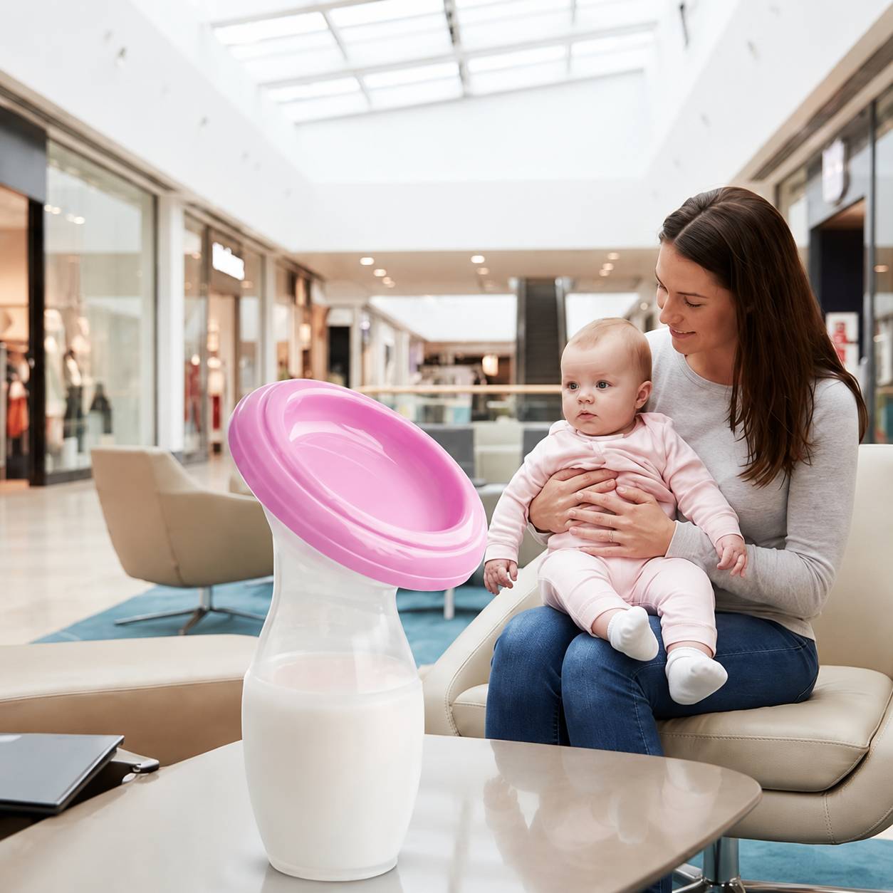 Maman avec bébé dans un centre commercial et tire lait manuel portable sur une table