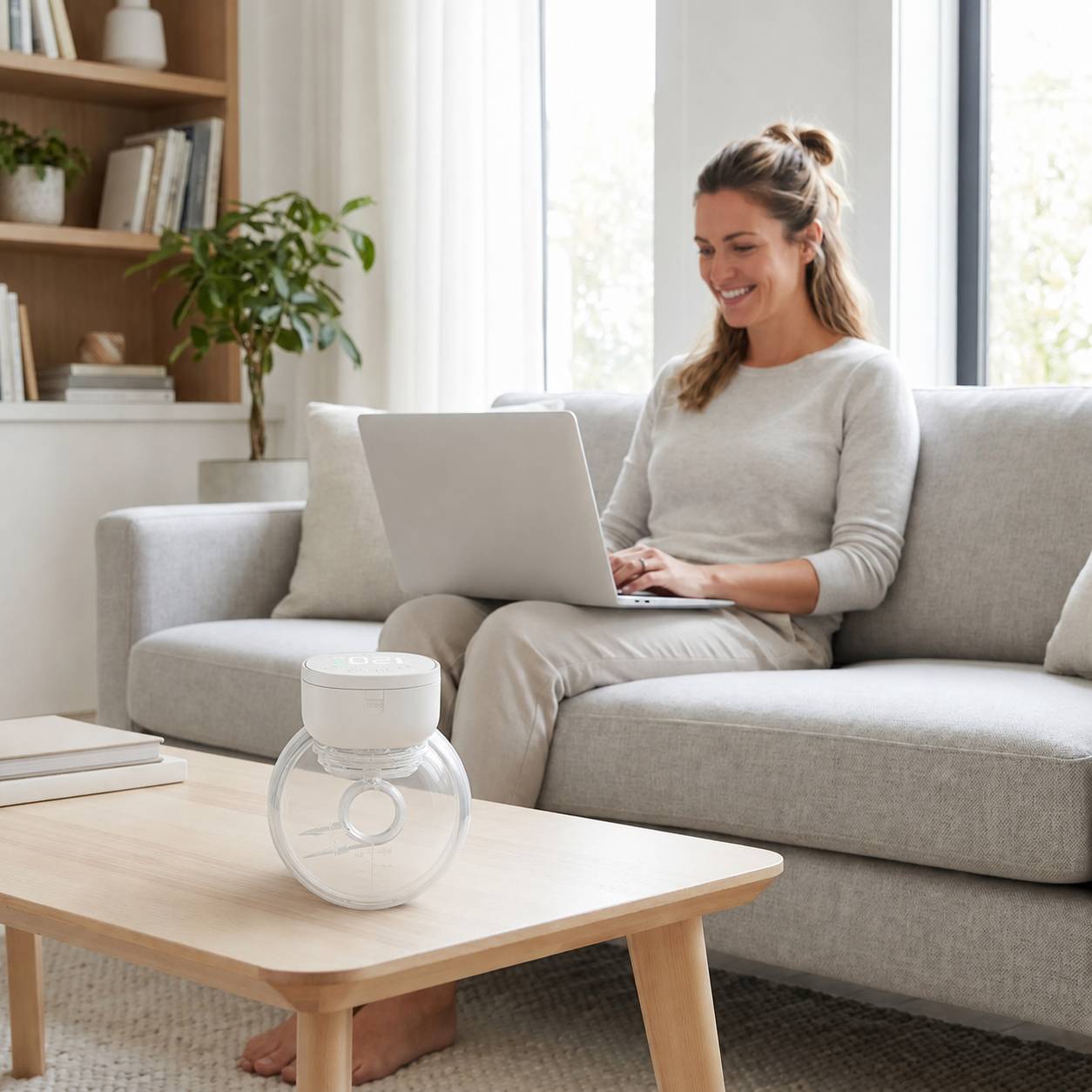Tire lait nomade mains libres utilisé pendant une séance de télétravail