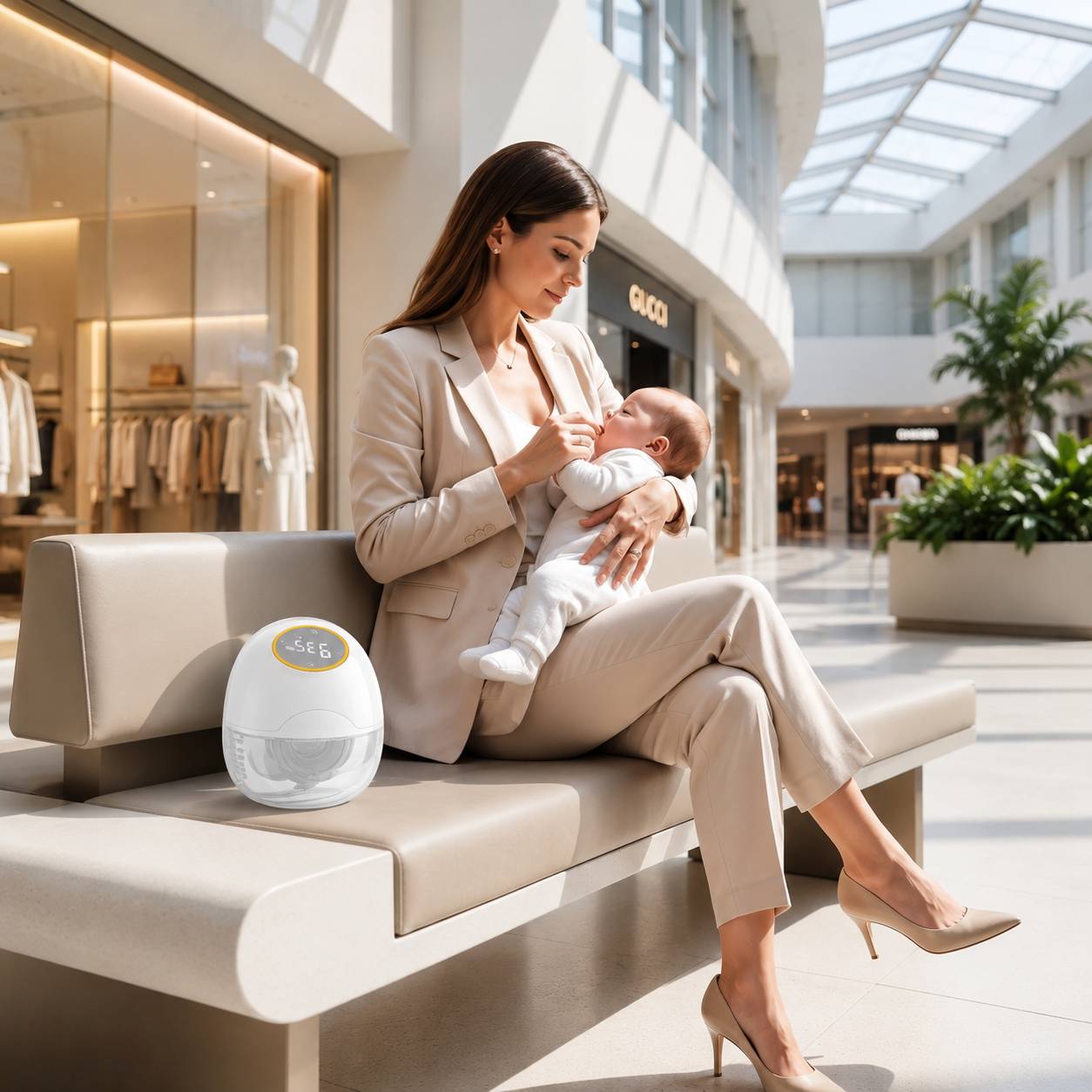 Maman avec bebe utilisant un tire lait portable discret dans un centre commercial moderne