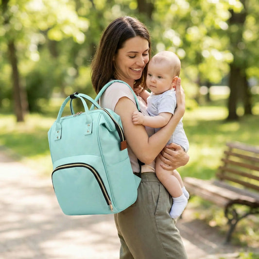 Bebe et maman portant un sac a langer grande capacite vert