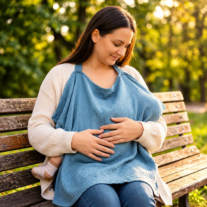Cape d'allaitement bleue utilisée par une maman avec bébé assise dans un parc