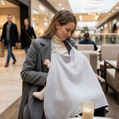 Cape d'allaitement portée par une maman avec bébé dans un centre commercial
