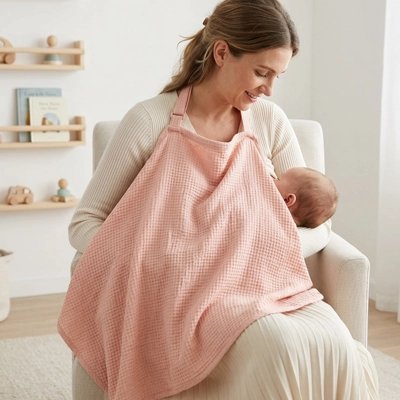 Cape d'allaitement rose utilisée par une maman pour allaiter bébé à la maison