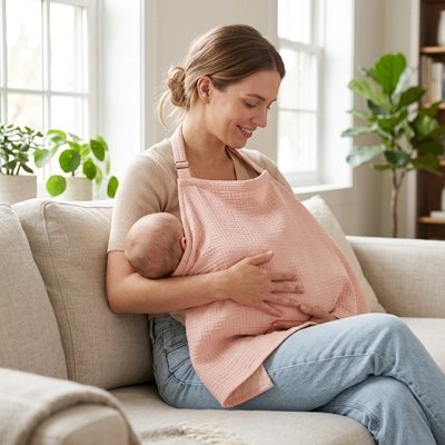 Cape d'allaitement utilisée par une maman avec bébé dans un salon lumineux