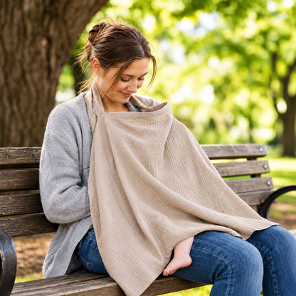 Maman allaitant bébé sous une cape d'allaitement beige sur un banc dans un parc