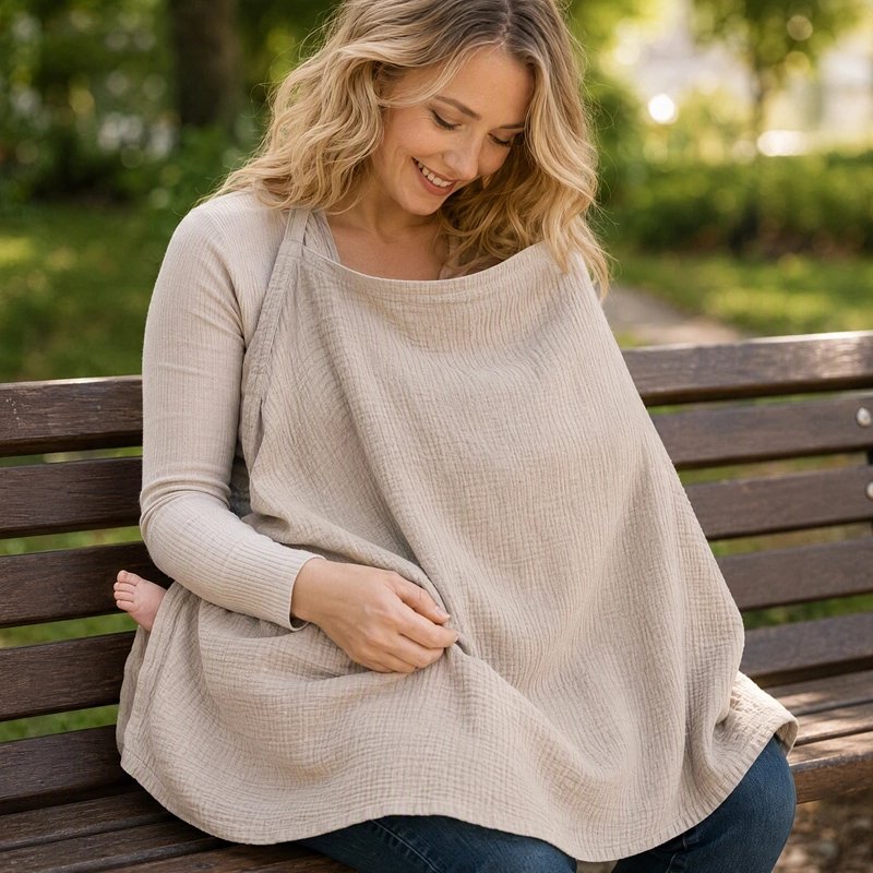 Cape d'allaitement beige portée par une maman avec bébé assise dans un parc
