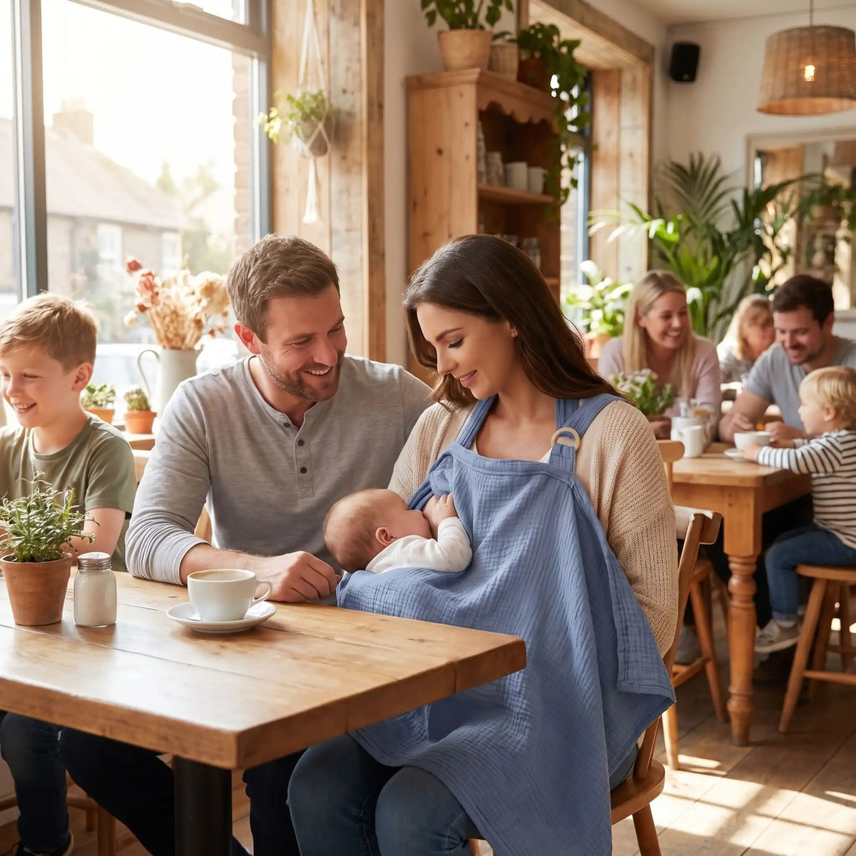 Cape d'allaitement utilisée par une maman avec bébé lors d'un repas au restaurant
