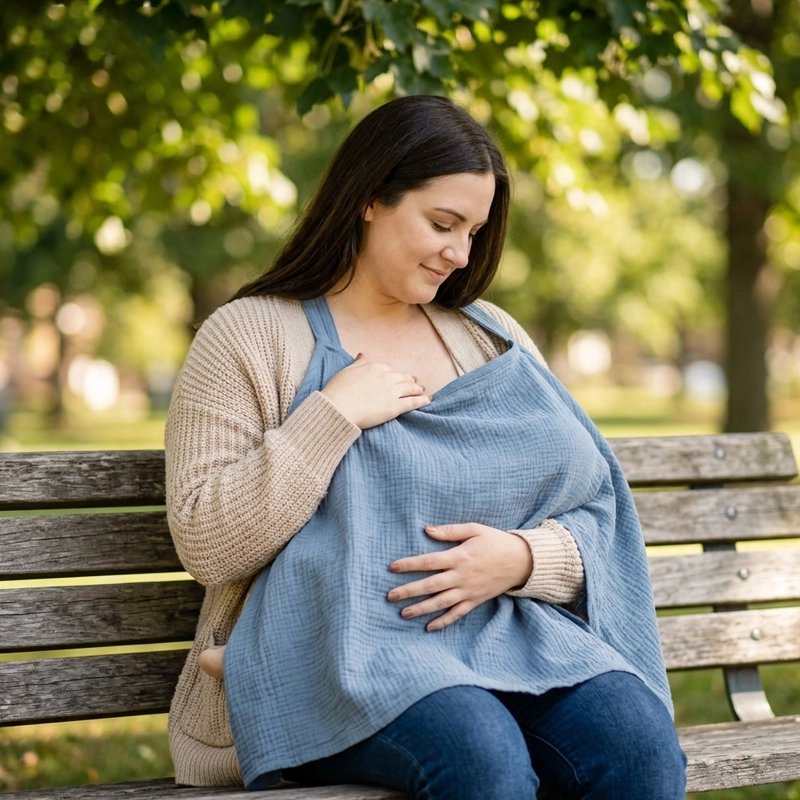 Cape d'allaitement bleue portée par une maman avec bébé dans un parc vert