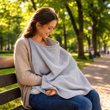 Cape d'allaitement grise portée par une maman avec bébé dans un parc
