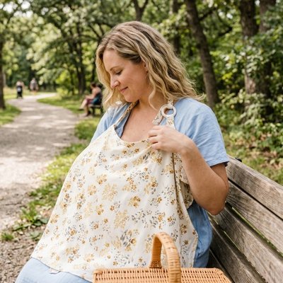 Cape d'allaitement légère portée par une maman avec bébé pendant une promenade
