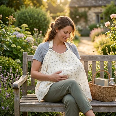 Cape d'allaitement légère utilisée avec bébé lors d'une sortie au parc