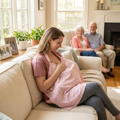 Cape d'allaitement utilisée par une maman avec bébé lors d'un moment en famille à la maison