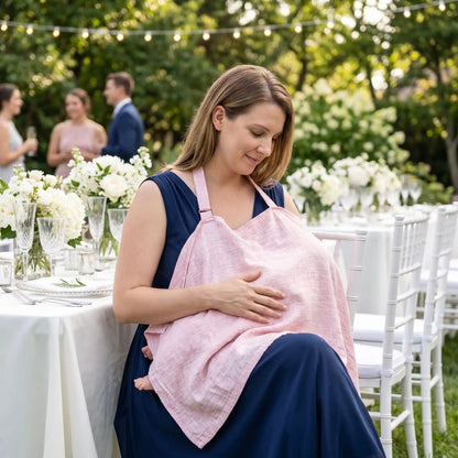 Cape d'allaitement portée par une maman avec bébé lors d'un mariage en extérieur
