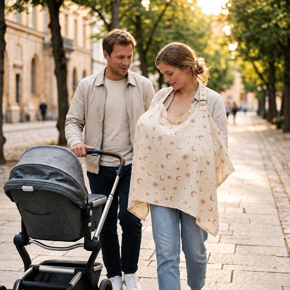 Cape d'allaitement portée par une maman lors d'une promenade avec bébé en poussette