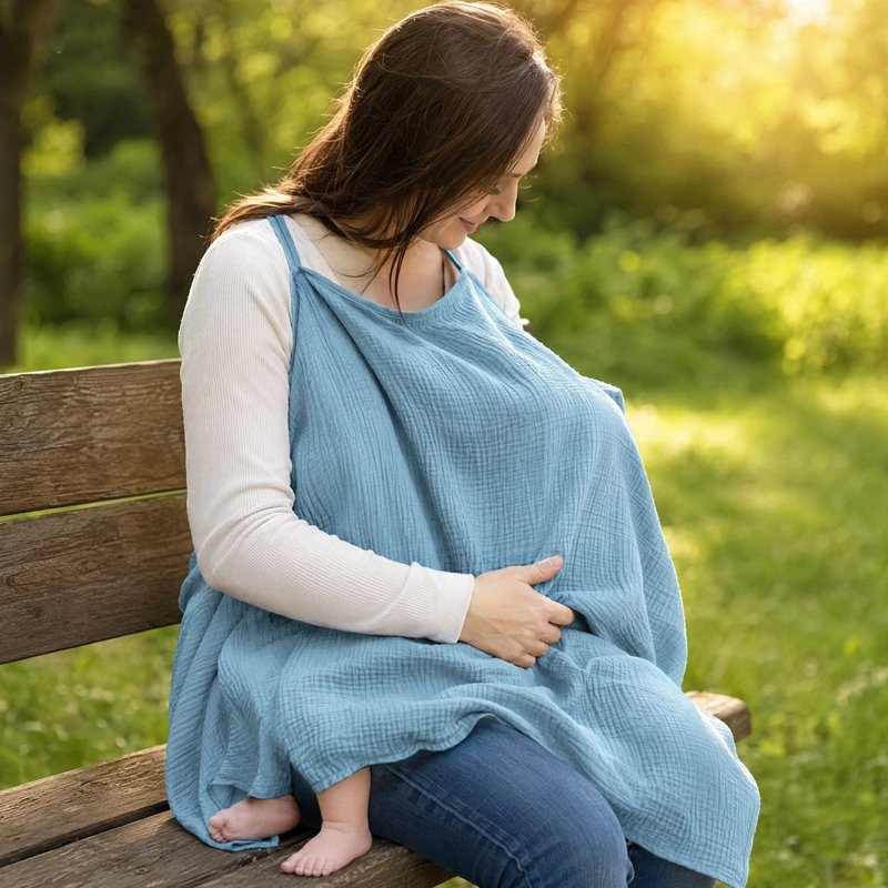 Cape d'allaitement portée par une maman assise avec bébé dans un parc