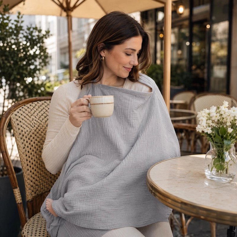 Cape d'allaitement portée par une maman avec bébé à la terrasse d'un café