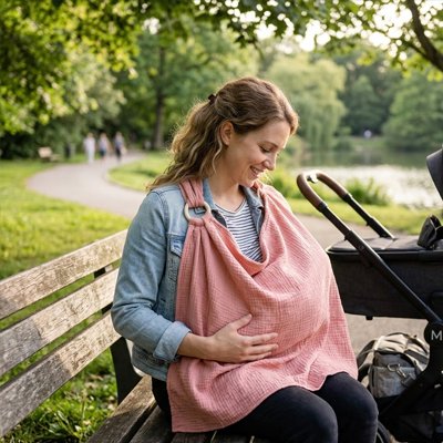 Cape d'allaitement portée par une maman avec bébé près d'une poussette