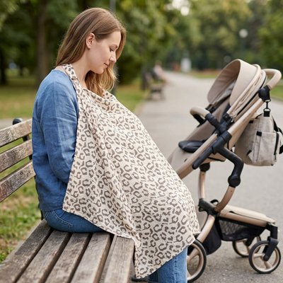 Cape d'allaitement portée par une maman près d'une poussette lors d'une sortie avec bébé