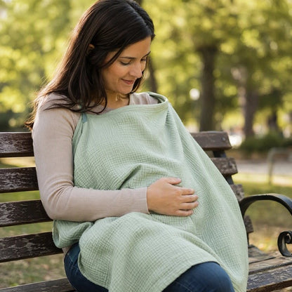 Cape d'allaitement utilisée par une maman avec bébé assise dans un parc