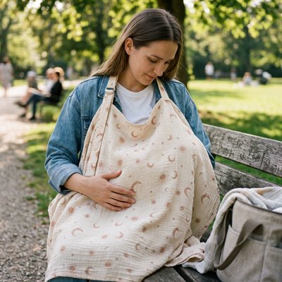 Cape d'allaitement utilisée par une maman pour allaiter bébé confortablement en extérieur