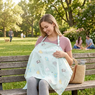 Cape d'allaitement verte portée par une maman avec bébé dans un parc