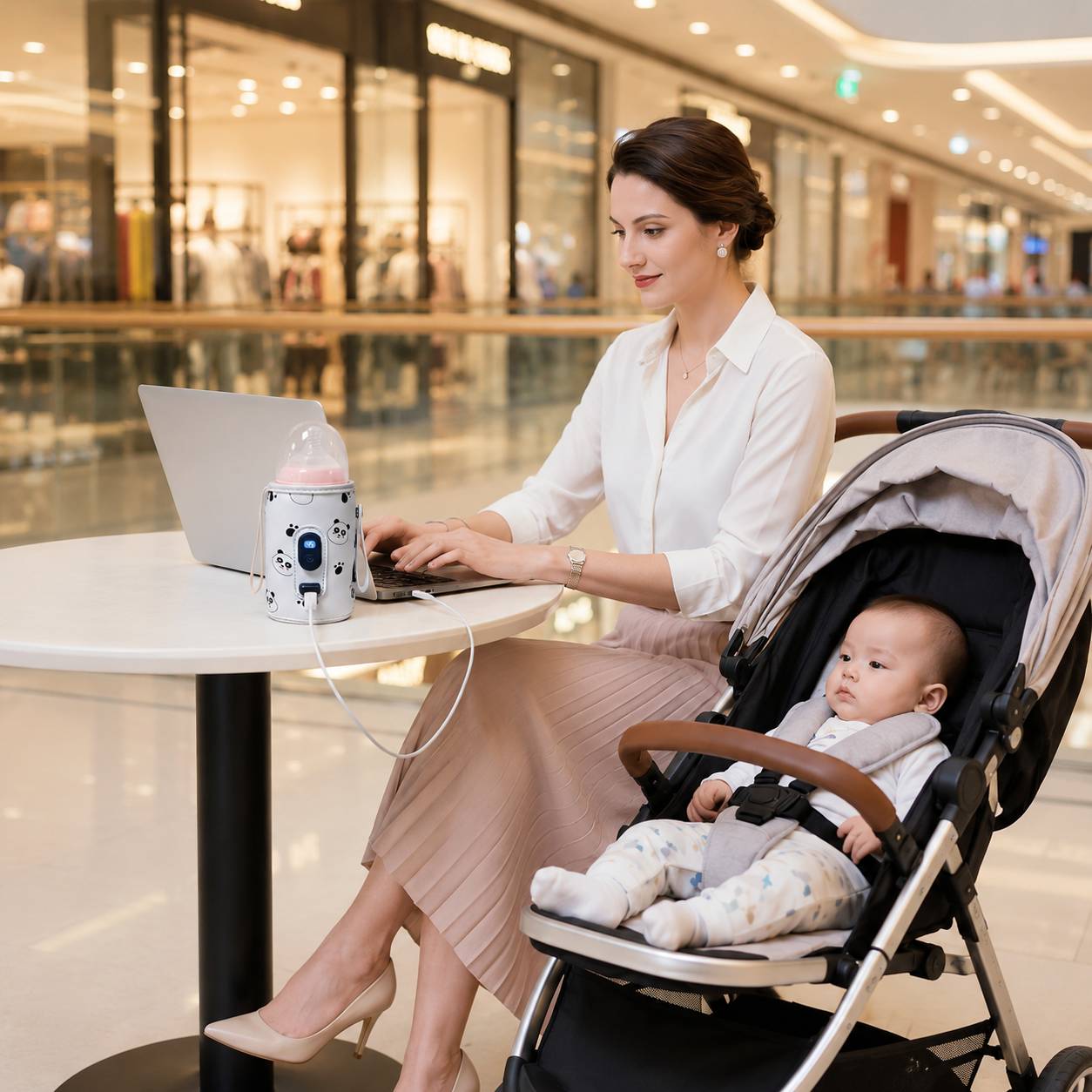chauffe biberon nomade blanc utilise au cafe avec bebe en poussette