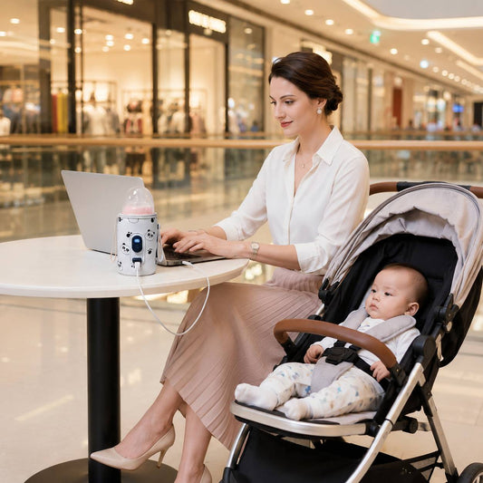 chauffe biberon nomade blanc utilise au cafe avec bebe en poussette
